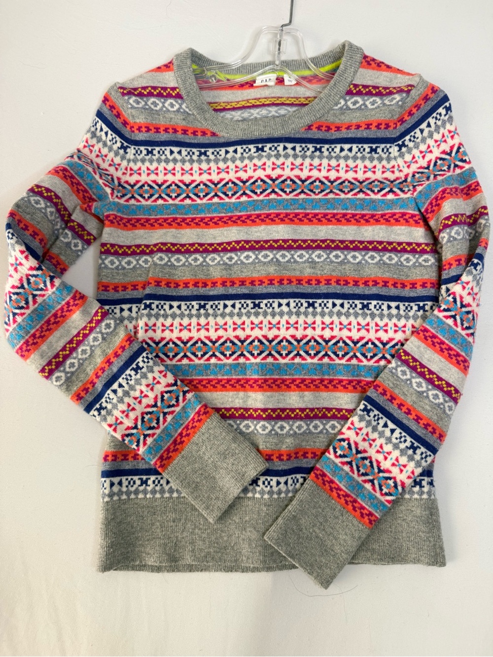 GAP Gray Crewneck Sweater with Multicolor Fair Isle Stripes XS - Picture 3 of 9